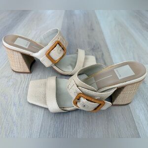 Dolce Vita Raffia Posy Block Heel Sandals Size 8 Natural Woven Mule 3” Heel
